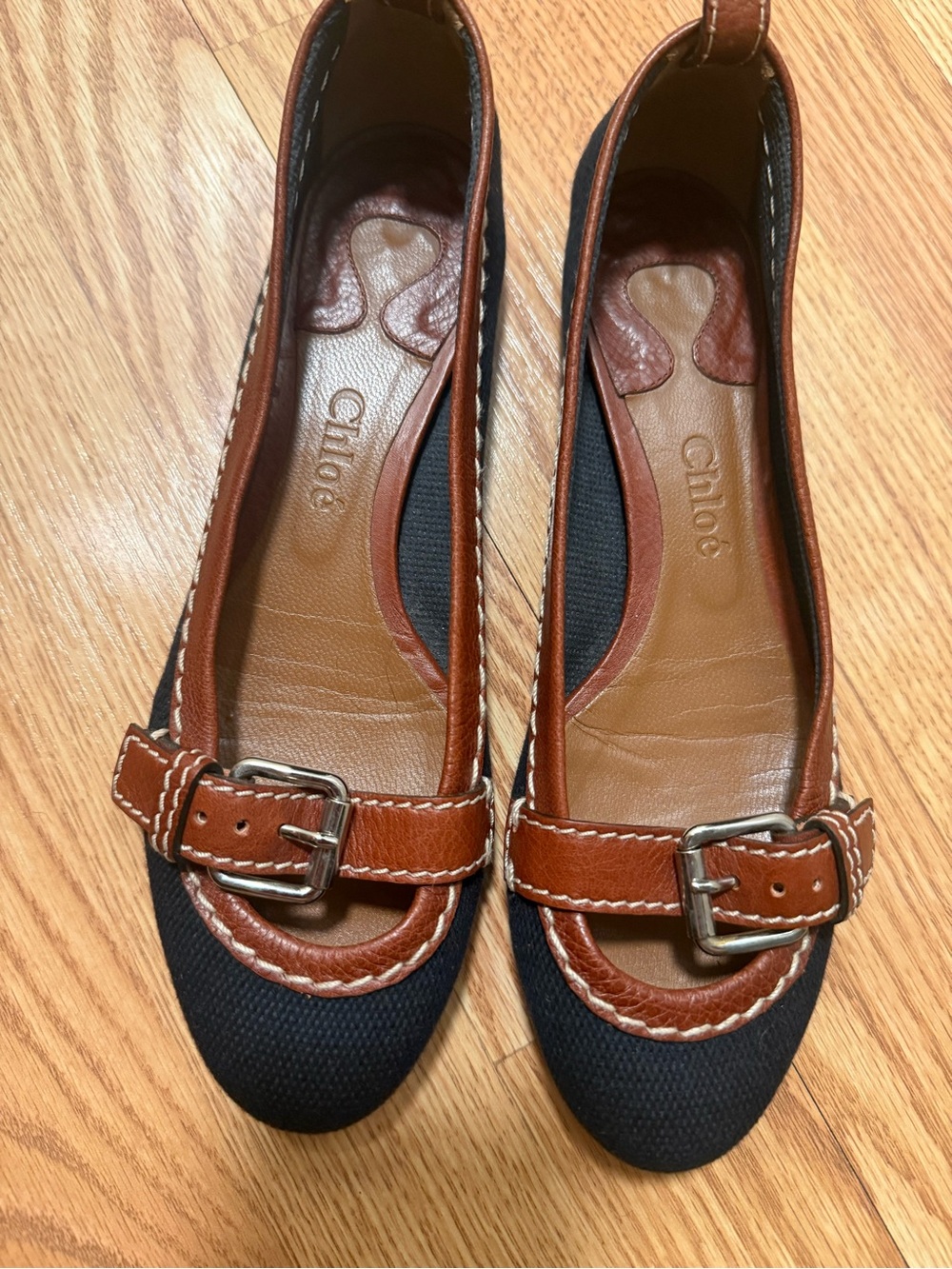 Chloe Brown Leather-Trim Black Canvas Flats with Buckle - Picture 3 of 12
